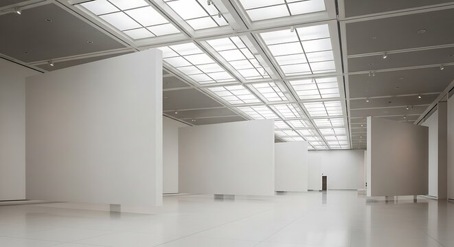 Modern art gallery interior with minimalist white walls and bright ceiling lights creating a spacious and clean exhibition environment