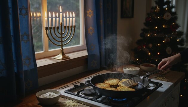 Warm kitchen glow meets festive window light. Steam rises from golden fried food. Hand stirs, focused, unhurried, joyful. Candlelit menorah stands beside window. Tree twinkles softly in corner, bright