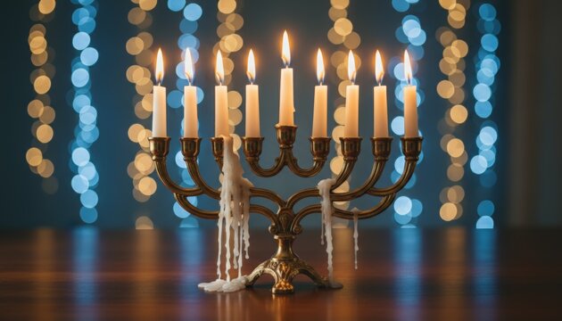 Golden candelabra holds nine burning candles. Candles drip wax, casting soft, warm light. Bokeh lights glow behind, adding festive warmth. Stillness suggests quiet celebration or reverence