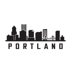 Fototapeta premium Portland skyline icon in simple black and white style, featuring a clean silhouette of urban buildings and bridge elements. 