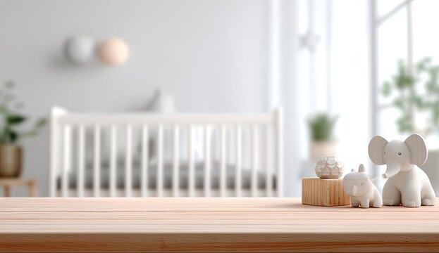 A serene nursery scene features wooden elephant toys on a light wood surface with a blurred crib in the background.