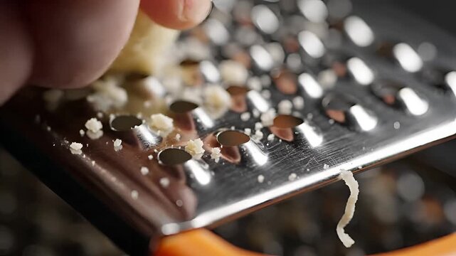 Closeup of grating cheese on a metal grater for cooking.