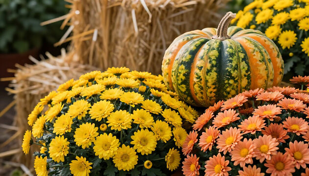 Autumnal display of pumpkins and mums a fall harvest celebration