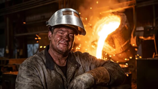 Man pouring molten metal in foundry workshop. Joyful worker smiling during hot steel casting process. Industrial manufacturing with sparks fire and protective gear.
