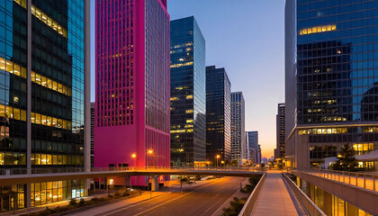 Fototapeta premium Vibrant cityscape at dusk modern architecture and neon lights