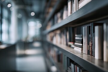 Fototapeta premium A long hallway of bookshelves filled with numerous books creates a sense of quiet contemplation.