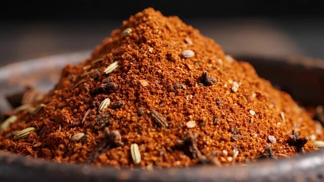 Closeup shot of a pile of aromatic spice blend in a rustic bowl.