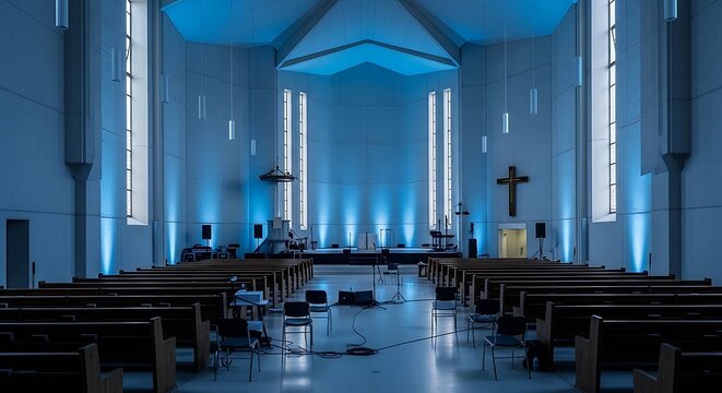 Modern church interior illuminated with vibrant blue lights, empty pews and altar ready for worship or event