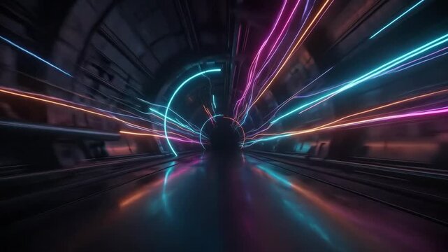 Dynamic neon lines glowing in the dark with subtle floor reflection, sleek futuristic motion and atmospheric cyber depth, ultra-realistic, no logos.