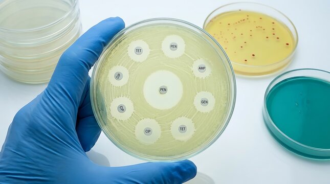 Close-up of scientist's gloved hand holding petri dish with antibiotic susceptibility testing using multiple antibiotic discs in laboratory