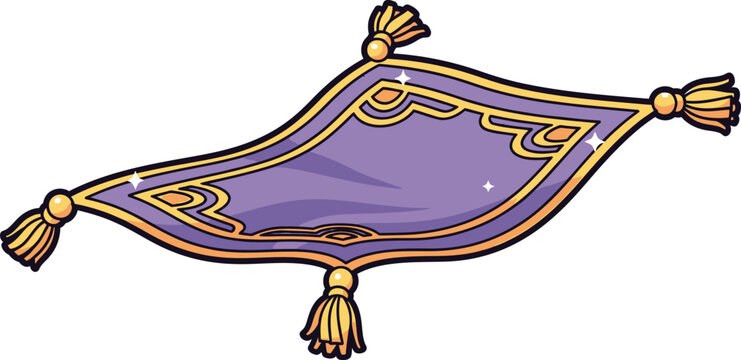 Magic carpet illustration featuring a purple oriental rug with golden tassels flying in the air isolated on white background as a vector graphic design element for fantasy storytelling or fairytale th