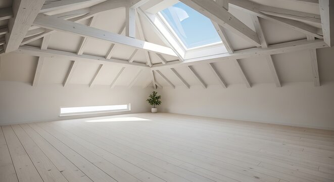 Bright and airy attic space with exposed wooden beams and a skylight, creating a serene and minimalist interior design concept for modern living