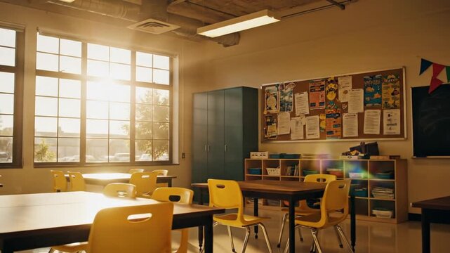 A brightly lit classroom with yellow chairs and desks arranged near windows