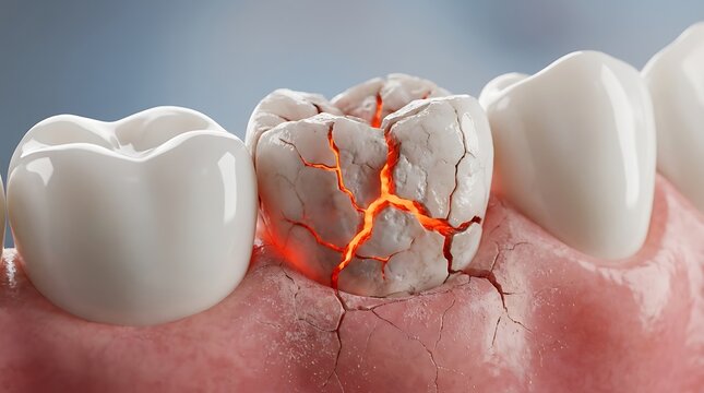 Cracked and damaged molar tooth with glowing decay between healthy teeth on pink gums illustrating dental problems and oral health concept
