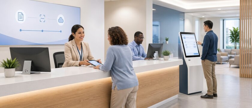 Reception staff assist visitors at a modern service counter with self-service kiosk, digital document display, computers, plants, and lobby seating