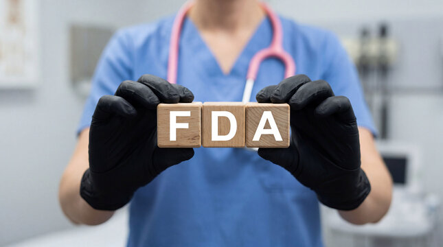 Doctor working on virtual touch screen presses abbreviation FDA. Food and Drug Administration ( FDA ) Department Service Medical
