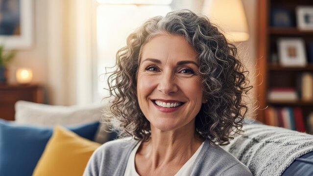 Radiant and genuinely happy mature woman with naturally silver curly hair and warm, inviting eyes, posing with a bright, confident smile while comfortably relaxing on a plush, multi-toned sofa in a
