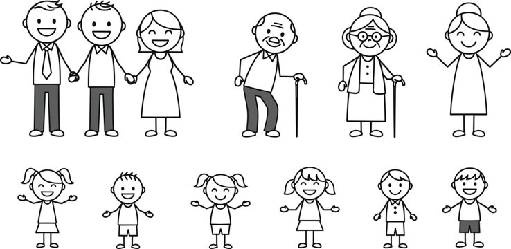 PrintStick figure family members set including grandparents parents and children characters in different ages simple hand drawn line vector illustration collection