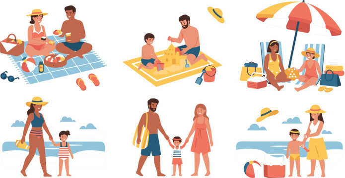 Family beach vacation flat vector illustration set with parents and children building sandcastles relaxing under umbrella walking by sea summer lifestyle scenes