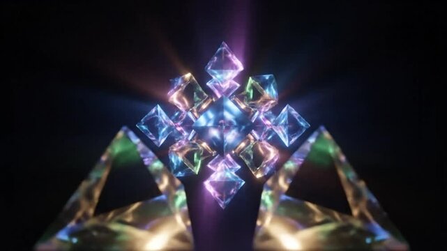 Abstract shimmering geometric formation of glowing crystal shapes with radiant light and energy on dark background
