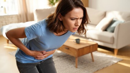 Obraz premium A woman experiencing stomach pain, clutching her abdomen in a modern living room setting.