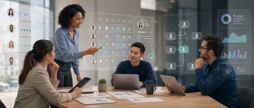 Realistic illustration of diverse business team reviewing holographic workforce dashboards, employee profiles, analytics charts, and workflow panels