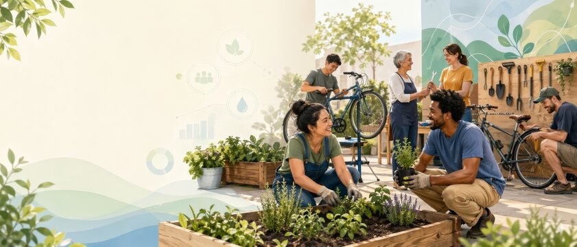 Realistic illustration of diverse community garden with people planting herbs, repairing bicycles, shared tools, eco icons, and soft copy space