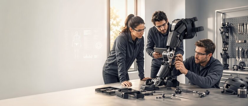 Photorealistic illustration of engineers assembling a robotic exoskeleton leg in workshop with tools, tablet, safety glasses, and copy space