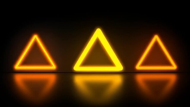 Three neon triangles of different colors glow against a black background with a reflection