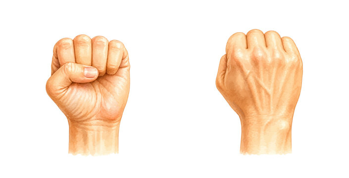 A charming watercolor set of clenched fists featuring front and back hand gestures with soft skin tones and delicate anatomical details illustrated in a natural realistic style.