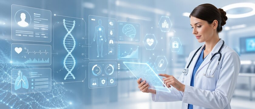 Female doctor uses a glowing tablet with holographic DNA, patient profile, organ charts, and healthcare icons in a bright futuristic clinic