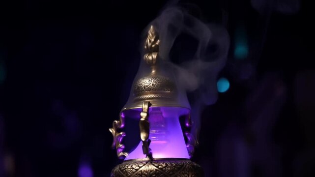 Slow motion close up of ornate brass incense burner releasing purple glowing smoke in dark interior setting