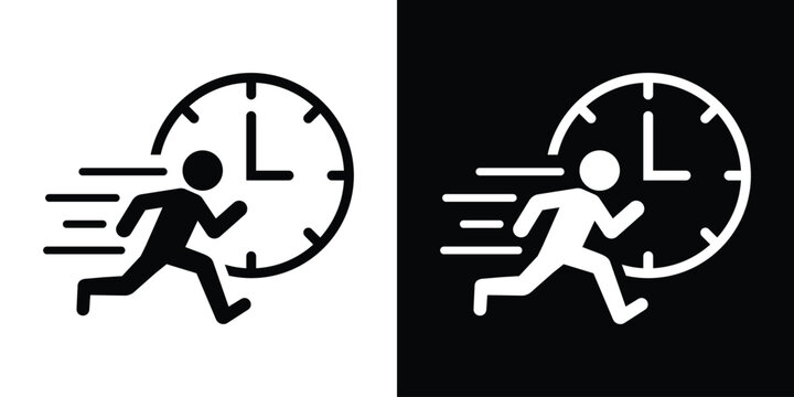 Conceptual vector icon showing a person running against time. Represents urgency, deadline, efficiency, and time management. Perfect for business, productivity, and project management graphics.
