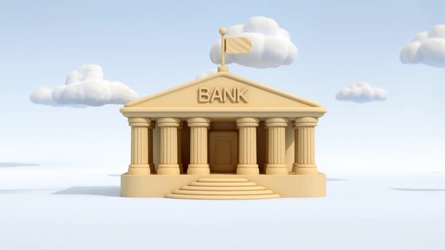 Slow zoom dolly in on bank building model with classical columns and flag fluttering while clouds drift across studio sky platform, minimal beige facade
