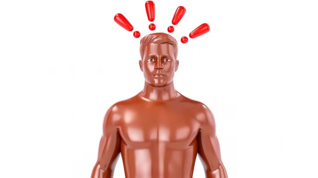 Static shot of male mannequin with popping red exclamation marks appearing above head on white studio background