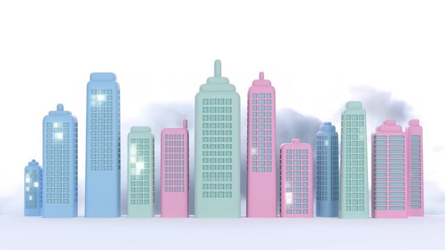 Slow tracking dolly shot of pastel model city skyline shifting across white studio tabletop with cloud backdrop toy towers and miniature buildings revealed
