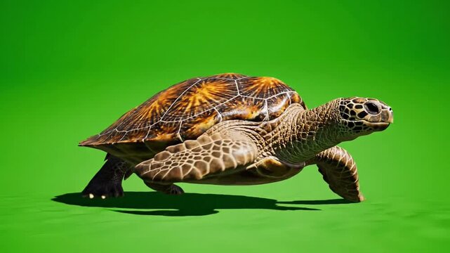 A realistic sea turtle gliding gracefully against a bright green backdrop.