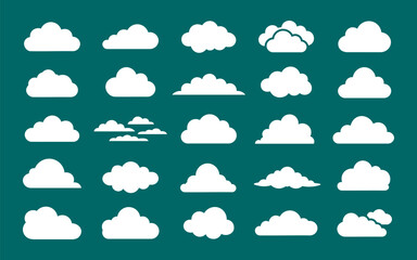 Obraz premium Cloud vector. Collection of white cloud icons, cartoon clouds. Cloud shapes vector illustration.