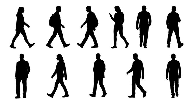 People walking silhouettes set on white background, modern graphic elements