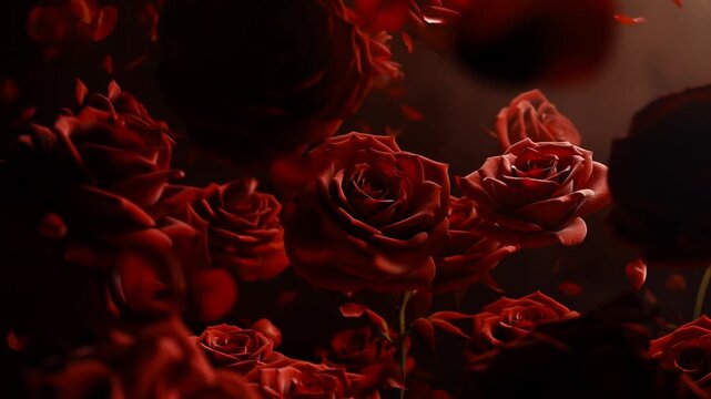Slow motion tracking shot of red roses with falling petals and drifting leaves in dark studio setting with dramatic low key lighting