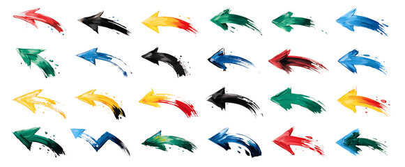 Fototapeta premium Collection of multi-colored arrows painted with a brushstroke effect on a white background they are arranged in a grid formation against a clean white backdrop brushstroke collection direction
