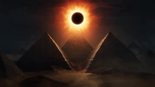 Slow zoom of pyramids beneath total solar eclipse with glowing corona above desert dunes and silhouetted monuments at twilight