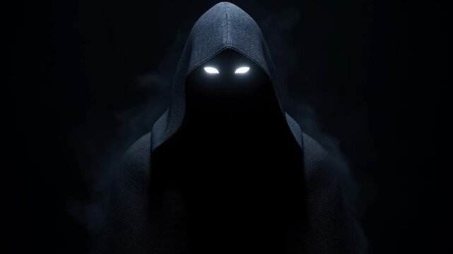 Slow zoom in of hooded cloaked figure with glowing eyes emerging and staring in dark misty interior studio with smoke and shadow