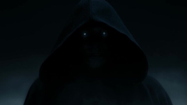 Slow push in tracking shot of hooded figure emerging and revealing glowing eyes through fog and mist in dark night landscape frontal reveal