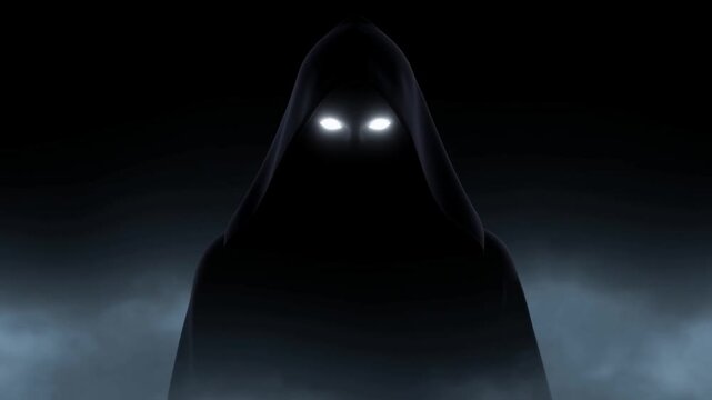 Slow zoom in on hooded figure with glowing eyes emerging from mist and looming in dark foggy landscape with shadowy silhouette and low light atmosphere