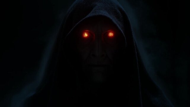 Slow zoom of hooded figure with glowing red eyes slowly emerging from smoke and fog in dark void with shadowy cloak and ominous stare
