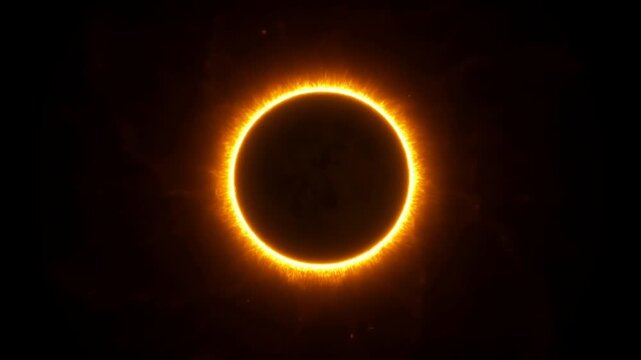 Slow motion zoom of annular solar eclipse with glowing corona rotating and pulsing against dark outer space void and cosmic background