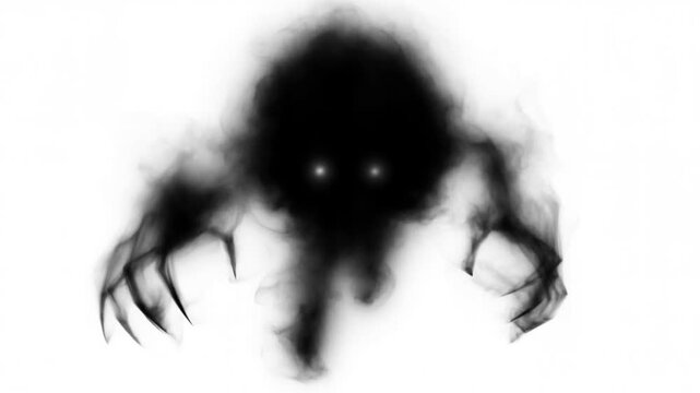 Tracking shot of shadowy creature emerging and reaching toward viewer on white background with clawed hands and glowing eyes