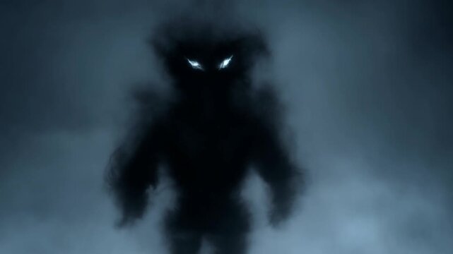 Slow motion tracking shot of shadowy humanoid figure with glowing eyes emerging through dense fog in dark misty environment