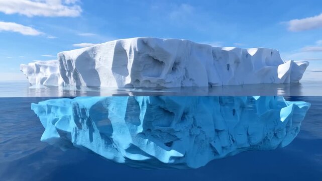 Slow pan tracking shot of iceberg floating and reflecting in calm polar ocean with clear sky on daytime horizon